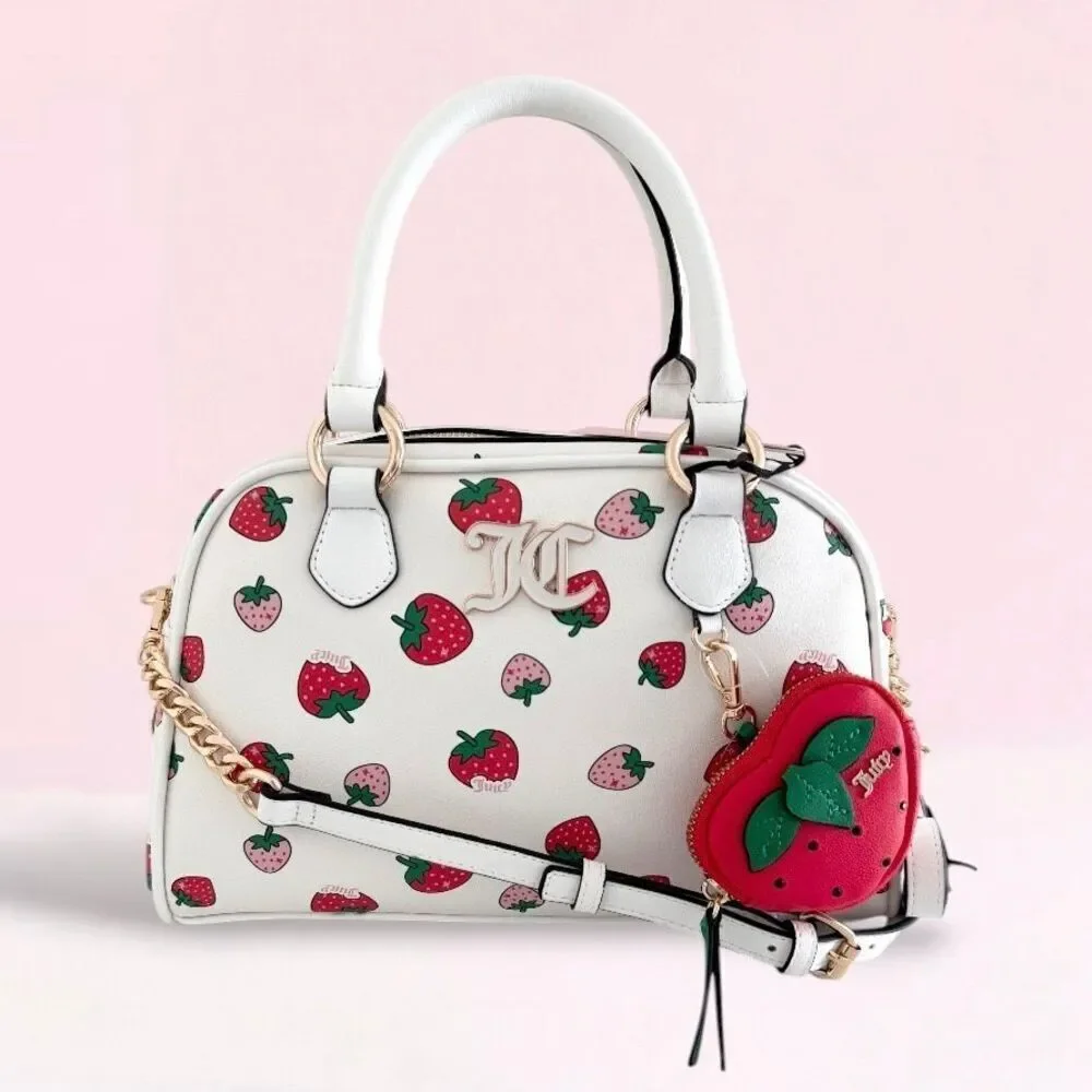 Juicy Couture White Sweet n Juicy LARGE Bowler Bag Satchel Strawberry Coin Purse